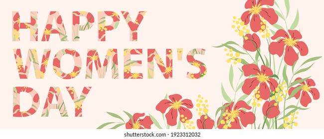 Happy Women's Day text design with flowers in pink colors. Suitable for marketing promotions and post social media and web internet ads. Vector illustration in flat style