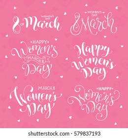 Happy Women's Day text for greeting card. Romantic calligraphic phrases for March,8 with heart pattern on pink background. 