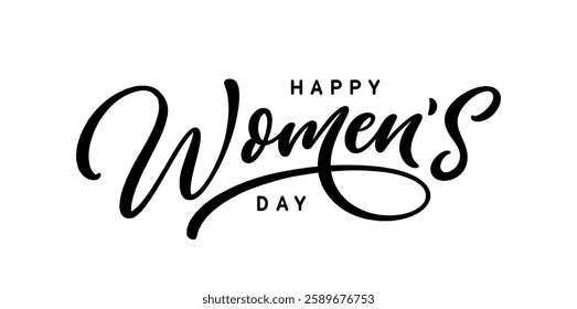 Happy Women's Day text. Holiday hand drawn calligraphic lettering. Happy Women's Day text isolated on white for postcard, poster, banner design element.