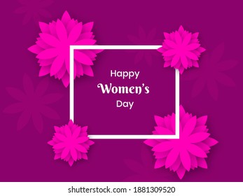 Happy Women's Day Text With Paper Flowers Decorated On Dark Magenta Background.