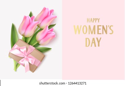 Happy Women's day text with pink tulip and decorative gift box with pink bow. International Womens day 8 march design template. Vector illustration