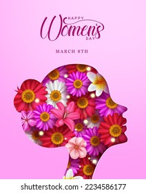 Happy women's day text vector design. Girl woman silhouette with blooming flower elements for march 8 international celebration. Vector Illustration.
