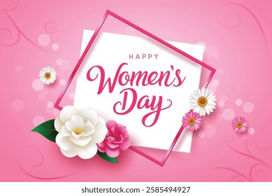 Happy women's day text vector template design. Women's day in empty space and pink background for woman international celebration. Vector Illustration.
