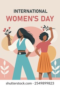 Feliz día de la mujer. Ilustración plana de moda mujeres fuertes se mantienen juntas. Concepto de igualdad, protección y libertad de las mujeres, empoderamiento de las mujeres. Postal de Vector en estilo plano