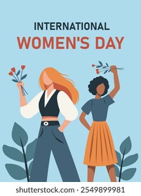 Feliz día de la mujer. Ilustración plana de moda mujeres fuertes se mantienen juntas. Concepto de igualdad de género, protección y libertad de las mujeres y empoderamiento de las mujeres. Postal de estilo plano de Vector