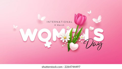 Happy women's day with tulip flowers and butterfly banner design on pink background, EPS10 Vector illustration.
