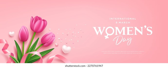 Happy women's day Tulips flowers and heart, pink ribbon, banner design on pink background, EPS10 Vector illustration.
