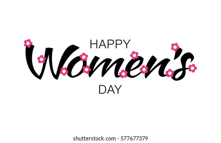 Happy Womens Day typographic lettering isolated on white background with pink flowers. Vector Illustration of a Women's Day card.