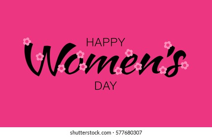 Happy Womens Day typographic lettering on pink red background with pink light flowers. Vector Illustration of a Women's Day card.