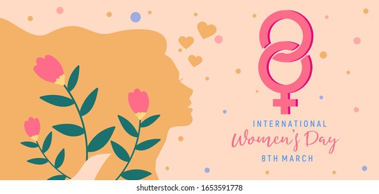 Happy Women's Day Typographical Design Elements. International women's day icon. Minimalistic design for international women's day concept.Vector illustration with silhouette women. 3d love icon.