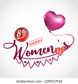 Happy Womens Day. Typographical greeting card design with hearth shaped vector balloon.