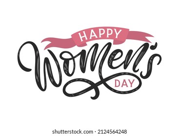 Happy Women's Day typography poster decorated by pink ribbon isolated on white. Hand-sketched lettering womens day logo as card, postcard, poster, banner, label, tag template.