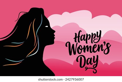 Happy Women's Day typography with silhouette women pink color background