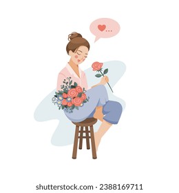 Happy Women's Day or Valentine's Day! A girl holds a bouquet of flowers while sitting on a chair. Cute cards and posters for the spring holiday. Flat vector illustration