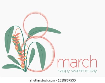 Happy women's day vector. 8th March international woman day background with tropical plant.