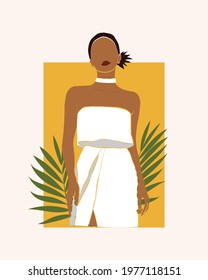 Happy Women's Day. Vector Abstract Beautiful Black Women Portraits. Minimalistic Style With Beautiful, Confident Woman And Tropical Plants. Perfect For Interior Design, Page Decoration And More