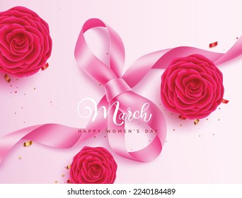 Happy women's day vector background design. March 8 women's day international celebration with flowers and ribbon elements for greeting card invitation. Vector Illustration.
