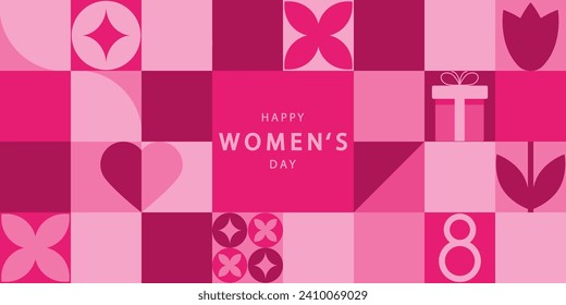 Felices antecedentes vectoriales del Día de la Mujer. Afiche horizontal, volante, invitación, folleto, descuento con una flor y caras femeninas. Tarjeta rosa de 8 de marzo. Día Internacional de la Mujer.