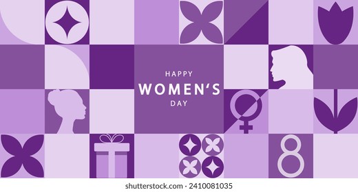 Happy Women's Day vector background. Horizontal poster,flyer, invitation, brochure, discount with a flower and female faces . 8 march purple card. International Women's Day.