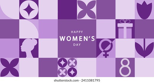 Happy Women's Day vector background. Horizontal poster,flyer, invitation, brochure, discount with a flower and female faces . 8 march purple card. International Women's Day.