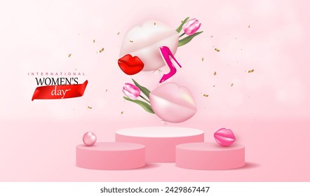 Happy women's day vector background with podiums for display sale product. Illustration with lips  and mouth balloons. Female holiday design with heels and tulip flowers.	
