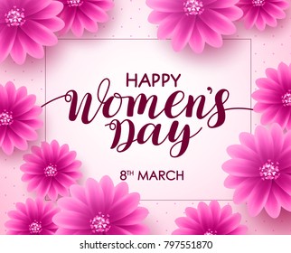 Happy women's day vector background design with march 8 text, pink flowers and boarder for international women's day celebration. Vector illustration.

