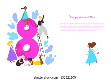 Happy Women's Day vector banner template. 8 March concept with copyspace. Different female flat characters, tiny people spending time together. Grl pwr, sisterhood, diversity, equality article