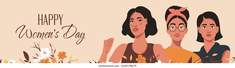 Happy Women's Day. Vector banner with International Women's Day. Beautiful strong women standing together surrounded by flowers. Movements for gender equality and women's empowerment. For website