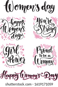 Happy Women's Day vector Card to 8 March in Trendy Retro style Hand Drawing Lettering Design