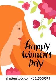 Happy Women's Day. Vector design of greeting card, poster, flyer for 8 th of March with lettering, woman's profile and flowers. International women's day illustration with hand written inscription.