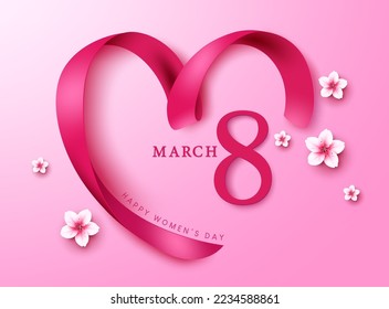 Happy women's day vector design. March 8 women's day celebration with heart shape pink ribbon and flower elements for greeting card decoration. Vector Illustration.
