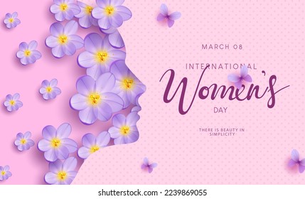 Happy women's day vector design. Women's day international march 8 text with woman side face silhouette and fresh blooming purple crocus flower background. Vector Illustration.