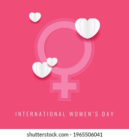 happy women's day vector with female sign and paper effect hearts, women's day vector illustration