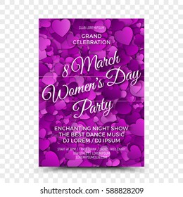 Happy Women's Day Vector Flyer Design Template with 3D Calligraphic Text and Heart Shapes in Retro and Vintage Style on Transparent Background. Illustration for Celebration 8th March in Night Club