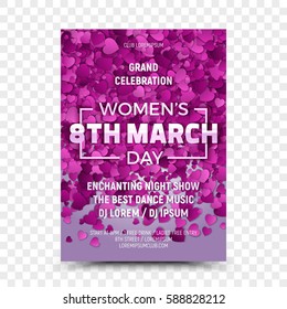 Happy Women's Day Vector Flyer Design Template Night Party with 3D Sample Text and Falling Heart Shapes on Transparent Background. Celebration 8th March Poster