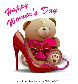 Happy Women's Day. Vector greeting card with women shoe, pink beads, teddy bear, heart. 8 March. Mothers Day. International Women's Day. Greeting card for girls and women. Womens holiday. Holiday card