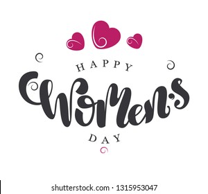Happy Women's day vector hand written  lettering sign with fancy hearts