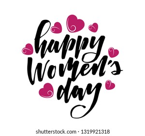 Happy Women's day vector hand written  lettering sign with fancy hearts