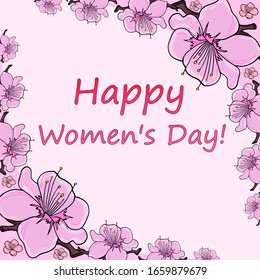 Happy Women's Day. Vector hand drawn illustration with sakura flowers on a pink background. Perfect for invitations, cards, prints, flyers, posters.