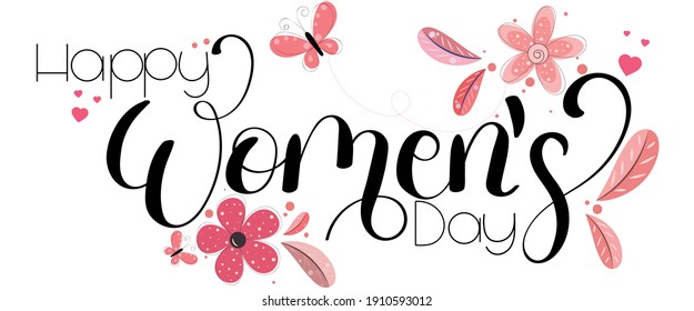 Feliz Día De La Mujer. Leer la mano de las mujeres con flores, mariposas y hojas. Ilustración de la celebración del Día de la Mujer
