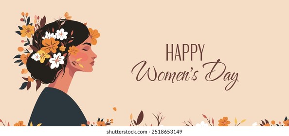 Happy Women's Day. Vector holiday card March 8. Young woman in flowers with text Happy International Women's Day. Feminism concept, women empowerment, gender equality. Suitable for greetings, poster