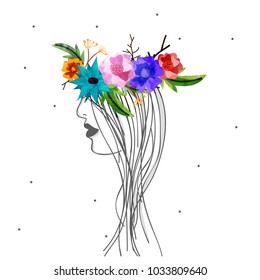 Happy Women's Day, Vector Illustration of decorated with flowers, grunge and Line Art Lady.