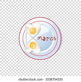 Happy women's day vector illustration, clip art with number eight shaped heart omelette on plate with ketchup lettering isolated on transparent background. Festive breakfast food idea for 8 march