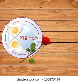 Happy women's day vector illustration with number eight shaped heart omelette on plate with ketchup 8 march lettering and red rose on rustic wooden table background. Festive breakfast  idea for girl.