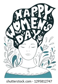 Happy Women's Day Vector Illustration. Hand Drawn Lettering Design with Woman's Head and Tiny Flowers.