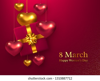 Happy Womens Day vector illustration. 3d metallic golden and red hearts hanging on the beads, red background with gold halftone effect. Top view. Decorative love concept.
