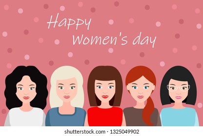 Happy Women's day. Vector illustration. Postcard, pink banner with congratulations. A group of happy women smile.
