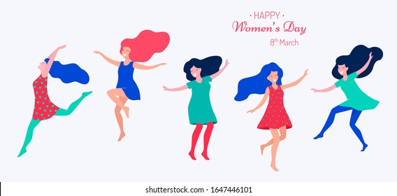 Happy women's day vector illustration. Beautiful dancing women.