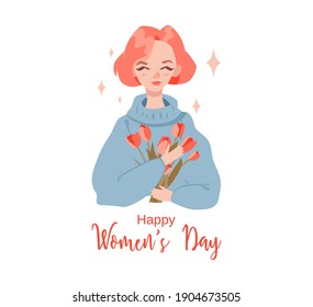 Happy Women's Day. Vector illustration of a girl with red hair holding a bouquet of tulips. Gift card.