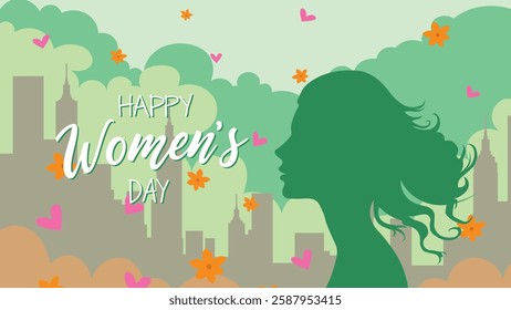 Happy Women's Day Vector Illustration with Female Silhouette and Decorative Elements